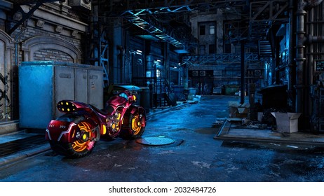 Futuristic motorcycle in a dark seedy urban street scene. Cyberpunk concept 3D illustration.