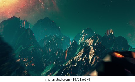 Futuristic Mountain Landscape Flight Seamless Loop. Stylized VJ Looping 3D Animation With Space And High Speed Flythrough. Outrun Style Videogame Intro Or Background For EDM Music Live Show Or Concert