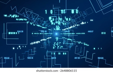 Futuristic moving shapes and wire frames, data, binary code and bits. Digital network, system, big data, computer technology. 3Dillustration