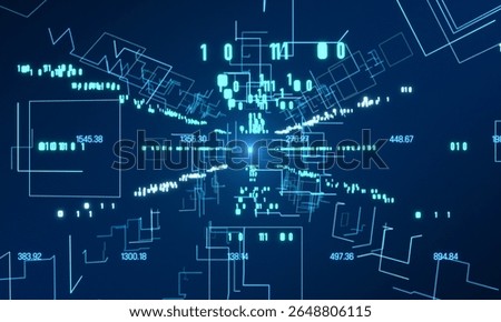 Futuristic moving shapes and wire frames, data, binary code and bits. Digital network, system, big data, computer technology. 3Dillustration