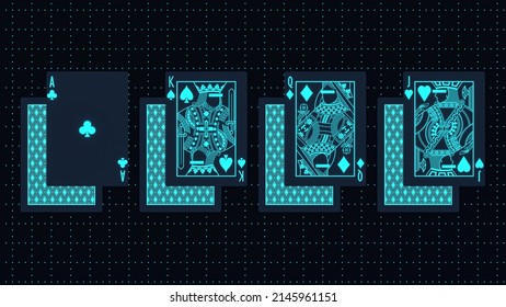 Futuristic Neon Blue Playing Cards Of Ace King Queen And Jack Of All Symbols Heart Spade Clubs And Diamond. 3D Rendering About Modern Online Game And Gambling.