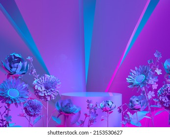 Futuristic Neon Catwalk With Flowers In The Metaverse. 3D Render.