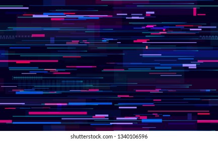 Futuristic Neon Glitch Background. Glitched Nightlife Tech Lines, Street Light Motion And Technology Seamless Pattern  Design. Pixel Noise Static Texture TV Screen