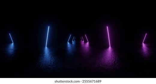 Futuristic Neon Light Reflection in Dark Space 360 vr panorama. 3D Illustration