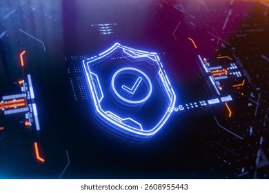 Futuristic neon shield with a checkmark on a digital background. Concept of cybersecurity, data protection, digital safety, privacy policy, compliance and secure technology. 3D Illustration