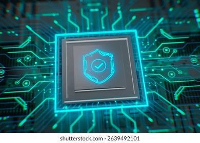 Futuristic neon shield with a checkmark on a cpu chip. Concept of cybersecurity, data protection, digital safety, privacy policy, compliance and secure technology. 3D Illustration