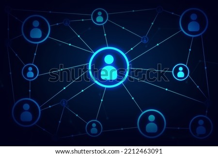Futuristic networking concept background with glowing persons and connection lines among them. Networking wallpaper with blue glowing lights