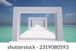 Futuristic new architecture square arch pedestal tropical ocean recreation area 3d render