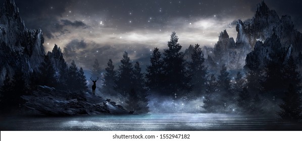 Futuristic night landscape with abstract landscape and island, moonlight, shine. Dark natural scene with reflection of light in the water, neon blue light. Dark neon background. 3D illustration
