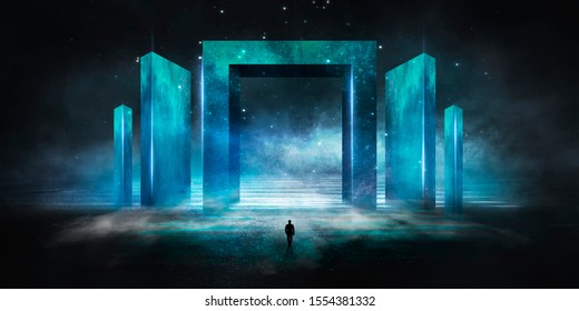 Futuristic night landscape with abstract landscape and island, moonlight, shine. Dark natural scene with reflection of light in the water, neon blue light. 3D illustration