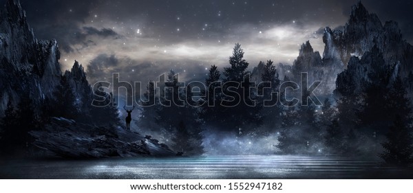Futuristic night landscape with abstract landscape and island, moonlight, shine. Dark natural scene with reflection of light in the water, neon blue light. Dark neon background. 3D illustration.