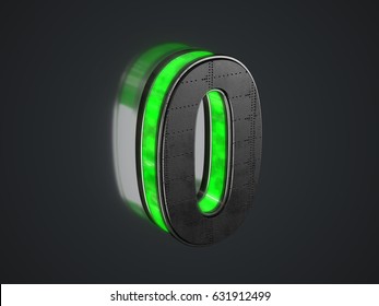 Futuristic number 0 - black metallic extruded number with green light outline glowing in the dark - 3D render - Shutterstock ID 631912499