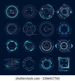 Futuristic Optical Aim. Military Collimator Sight, Gun Targets Focus Range Indication. Sniper Weapon Target Hud Aiming Modern Accuracy Crosshairs Future Weapon Radar Technology  Icons Set