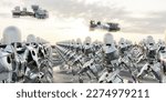 Futuristic picture of robots running on street under flying spacecrafts. 3d render. 3D Illustration