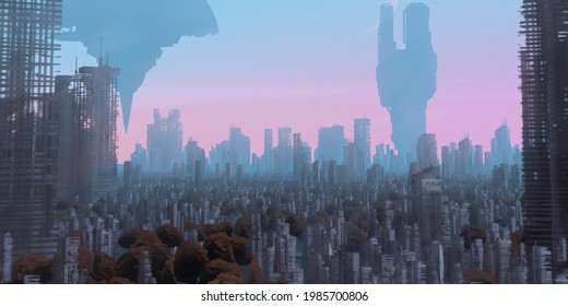 Futuristic Pink Science Fiction City. Imaginary Scenery. Digital Concept Art. 3D Illustration.