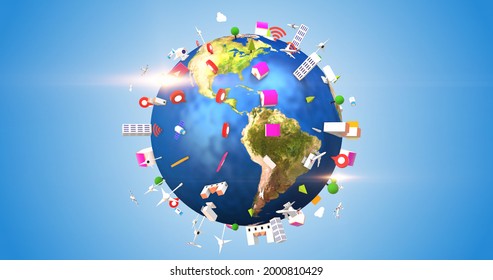 Futuristic Planet Earth Covered By Wireless Networks. Digital Technology. Sustainable Energy. 3D Illustration Render.