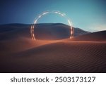 Futuristic portal on a stage desert. Metaverse and technology development concept. This is a 3d render illustration .