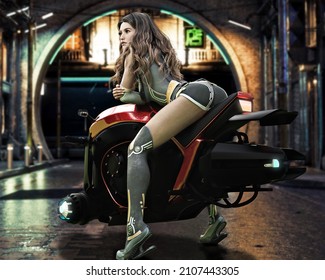 Futuristic portrait of an adult female sitting on a hovering sleek jet bike with an urban setting background. 3d rendering