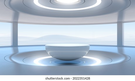 Futuristic Product Showcase Background. Modern Float Pedestal For Display, Platform For Design With Environment. 3D Rendering.
