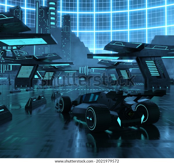Futuristic racing car on the wet surface of\
cyber city in blue neon light. City of the future. Fantastic scene\
in cyberpunk style. 3D\
illustration.