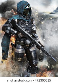 Futuristic Ranger Space Marine Surveying The Battlefield . 3d Rendering