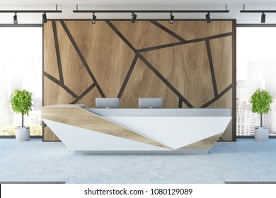 Futuristic reception desk with two computers in an office interior with wooden geometric pattern walls and potted trees. 3d rendering mock up