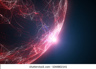 Futuristic Red Colored Abstract Network Globe With Flare Of Light, View From Space. Illustration Background