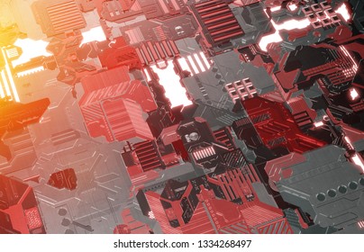 Futuristic red and orange tech panel texture background with lots of details