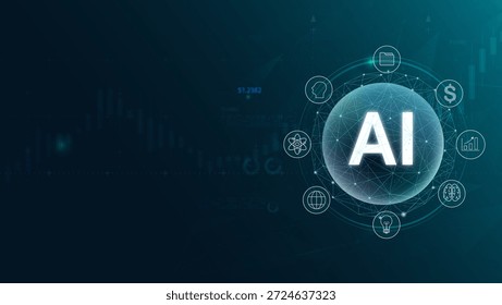 A futuristic representation of artificial intelligence, showcasing symbols of innovation, finance, and science, highlighting the impact of AI on modern society.