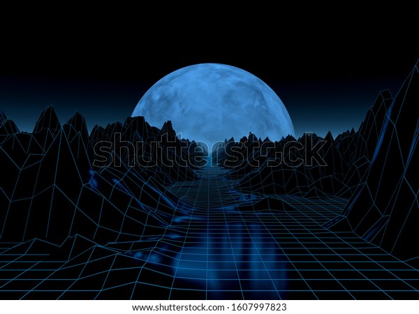 Futuristic retro landscape of\
the 80`s. 3D illustration of moon with mountains in retro style.\
Digital Retro Cyber Surface. Suitable for design in the style of\
the 1980`s.