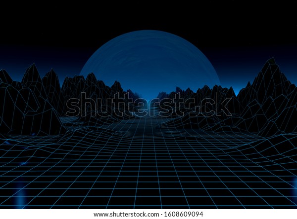 Futuristic retro landscape of\
the 80`s. 3D illustration of moon with mountains in retro style.\
Digital Retro Cyber Surface. Suitable for design in the style of\
the 1980`s.