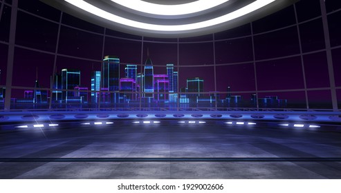 Futuristic, retro wave, Virtual set backdrop. Ideal for tv shows, presentations or events. A 3D rendering, suitable on VR tracking system sets, with green screen