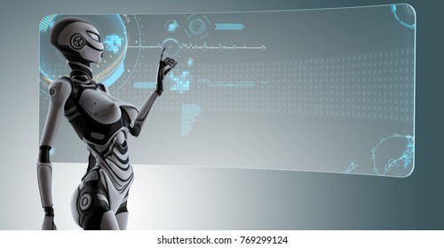 Futuristic Robo Girl Working With Hud On Digital Background, 3d Render