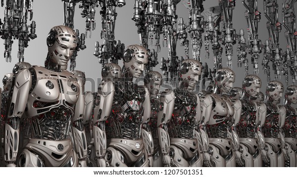 Futuristic Robot Army Group Cyborgs Standing Stock Illustration