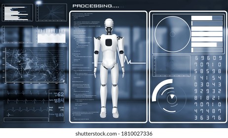 Futuristic Robot, Artificial Intelligence CGI Big Data Analytics And Programming . Robotic Man 3D Render Animation . 3D Illustration .