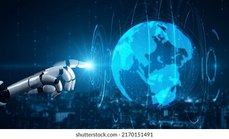 Futuristic Robot Artificial Intelligence Enlightening AI Technology Development And Machine Learning Concept. Global Robotic Bionic Science Research For Future Of Human Life. 3D Rendering Graphic.