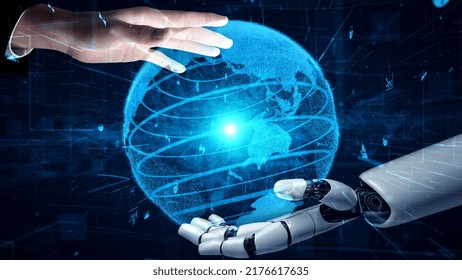 Futuristic Robot Artificial Intelligence Enlightening AI Technology Development And Machine Learning Concept. Global Robotic Bionic Science Research For Future Of Human Life. 3D Rendering Graphic.