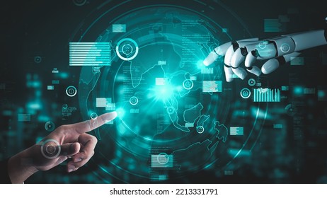 Futuristic robot artificial intelligence enlightening AI technology development and machine learning concept. Global robotic bionic science research for future of human life. 3D rendering graphic. - Shutterstock ID 2213331791