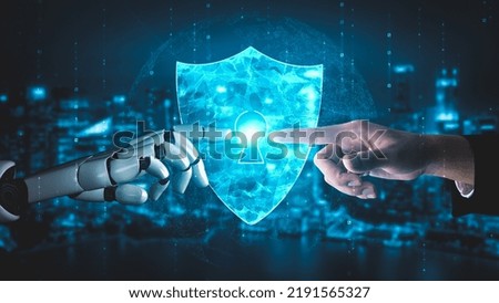 Futuristic robot artificial intelligence enlightening AI technology development and machine learning concept. Global robotic bionic science research for future of human life. 3D rendering graphic.