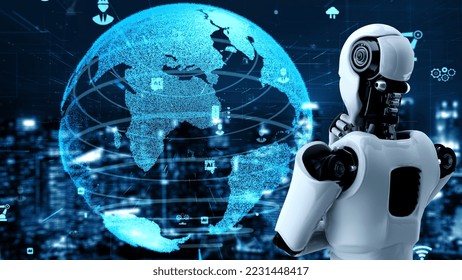 Futuristic robot artificial intelligence huminoid AI for industrial factory technology development and machine learning concept. robotic bionic science research for future of human life. 3D rendering.