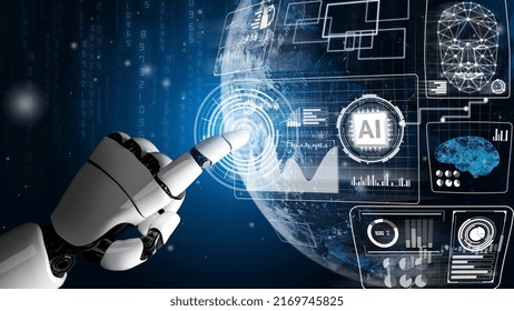 Futuristic Robot Artificial Intelligence Revolutionary AI Technology Development And Machine Learning Concept. Global Robotic Bionic Science Research For Future Of Human Life. 3D Rendering Graphic.