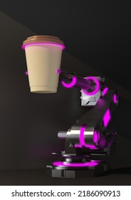 Futuristic Robot Hand Holding A Cup Of Coffee In The Dark. 3d Rendering