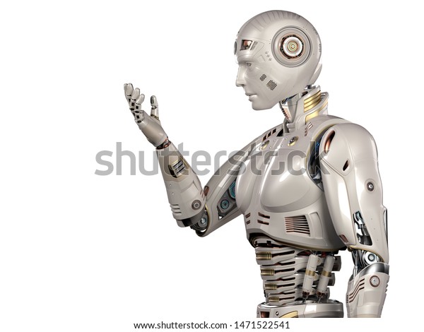 未来的なロボットマンや 手を見た非常に詳細なアンドロイド 上半身の