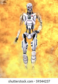 A Futuristic Robot - The Terminator Walking Through Flames. As Seen In The Hollywood Movie / Film