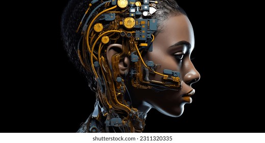 Vista lateral futurista robótica de la mujer, retrato de belleza de la ciborg chica afroamericana.