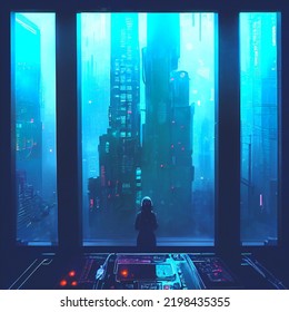 Futuristic Room In Cyberpunk Dystopian Digital 3d Rendering