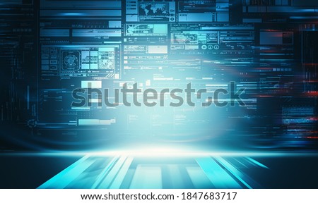 Futuristic room with data information on display . Sci fi background . 