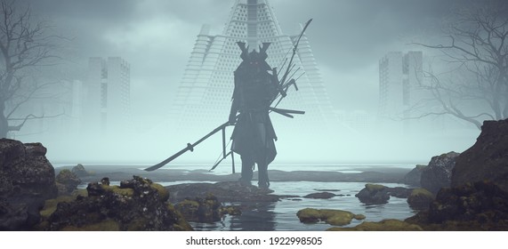 Futuristic Samurai Large in a Landscape near Foggy Abandoned Brutalist Style Architecture 3d illustration render