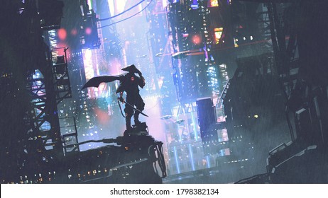 futuristic samurai standing on a building in cyberpunk city at rainy night, digital art style, illustration painting - Powered by Shutterstock