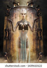 Futuristic Scene With An Alien Woman Standing Inside A Glass Container. 3D Illustration.